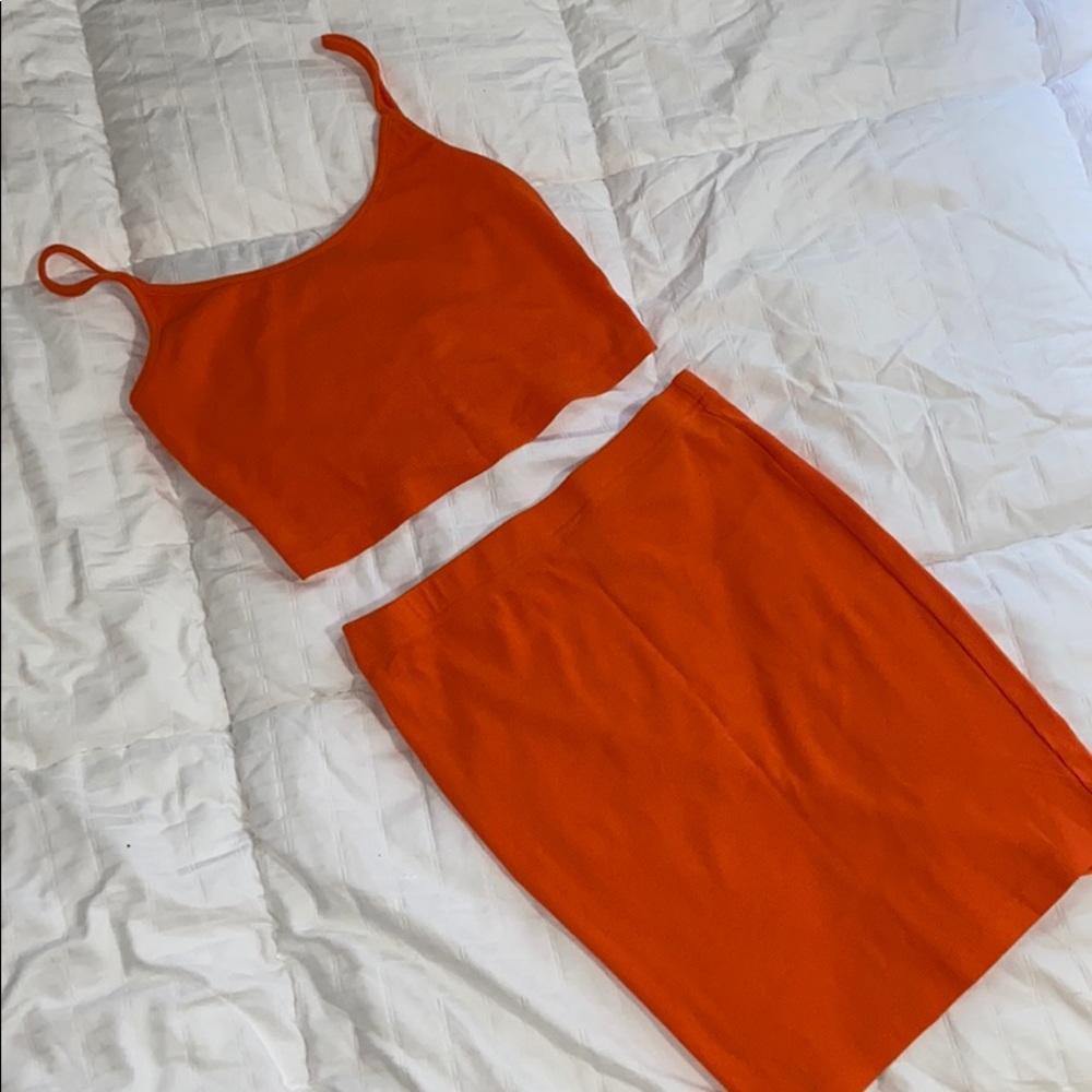 Two piece orange ribbed body con